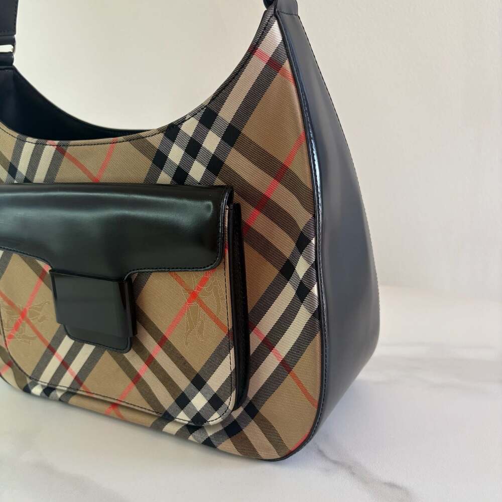 Burberry Nova Check Canvas & Black Leather Front Pocket Buckle Hobo Bag - Picture 5 of 16